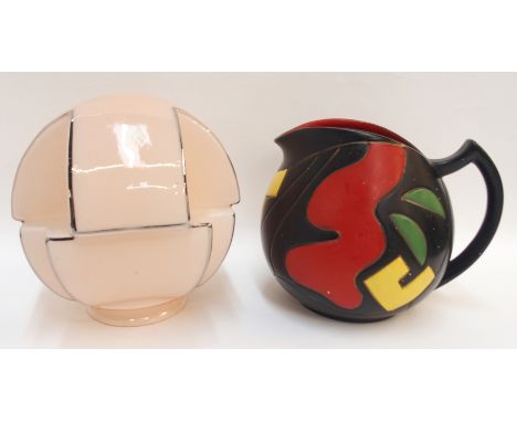 A Brentleigh Ware  jug with stylised decoration, 13cm high and an Art Deco pink glass with silver detail light shade, 15cm hi