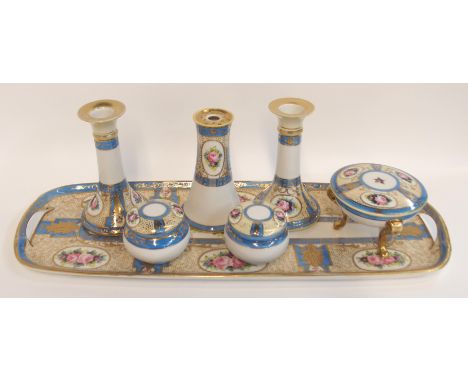 A Noritake dressing table set including tray, hat pin holder, pair of candlesticks, and three pots Condition Report: Slight r