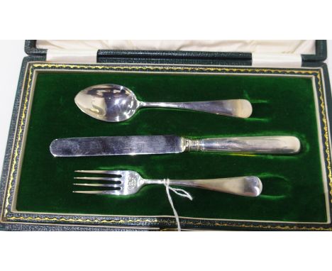 A cased three piece silver christening set by J. Collyer &amp; Company Limited, Birmingham 1922 comprising knife, fork and sp