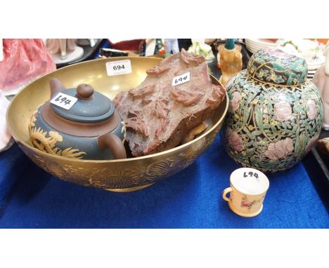 A ginger jar decorated with flowers, a printing block, basalt teapot, brass bowl and a Royal Worcester miniature tyg Conditio