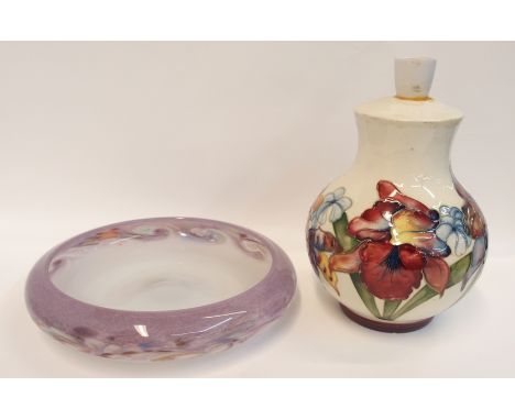 A Monart glass shallow dish with swirling decoration on lilac ground 24cm diameter, together with a Moorcroft frilled orchid 