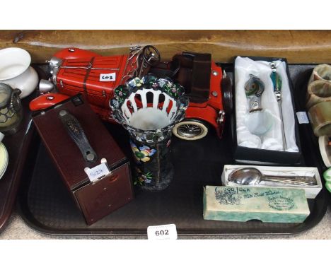 A metal model of a car, Copeland Spode vase, glass handled magnifying glass and letter opener etc Condition Report: Condition