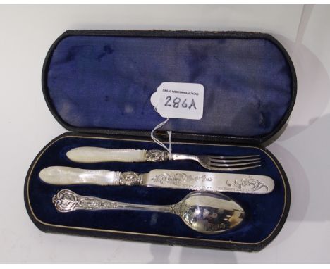 A cased three piece silver christening set by John Round &amp; Sons (John &amp; Edwin Round), Sheffield 1873 comprising; fork