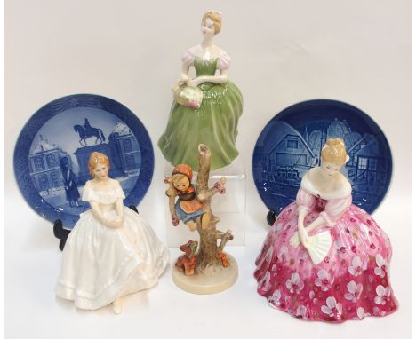 Three Royal Doulton figures 'Heather' HN2956, 'Victoria' HN2471 and 'Clarissa' HN2345, together with two Royal Copenhagen yea