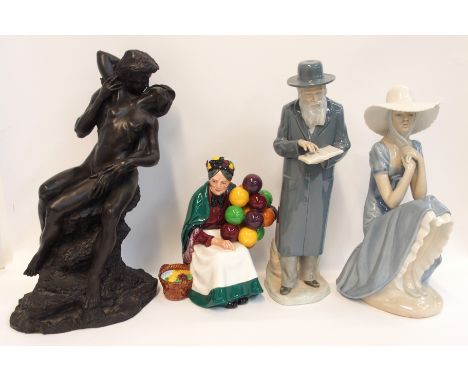 A Royal Doulton figure The Old Balloon Seller, Nao figure of a Rabbi, Nao figure of a seated girl and a bronzed resin group o