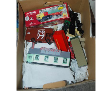 Two boxes of Corgi and other models trucks etc and Emhar boxed models and train accessories Condition Report: Available upon 