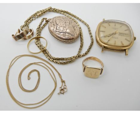 A 9ct gold gents Rotary watch head, weight including mechanism 29.3gms, a 9ct gold signet ring, 9ct chain, 9ct earrings weigh