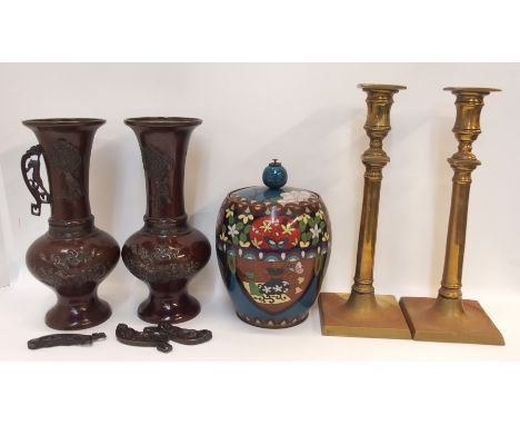 A Japanese cloisonne barrel shaped box and cover, 16cm high, a pair of Japanese bronzed vases, 24cm high and a pair of brass 