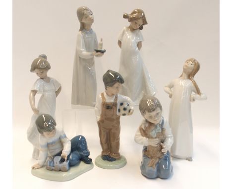 Two Lladro figures of girl, three Nao boys and two Nao girls (7) Condition Report: one nao girl head re stuck. 