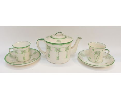 A  Peacock Pottery Foley Art China small teapot and two cups and saucers, designed by George Logan, teapot, 9cm high (5) Cond