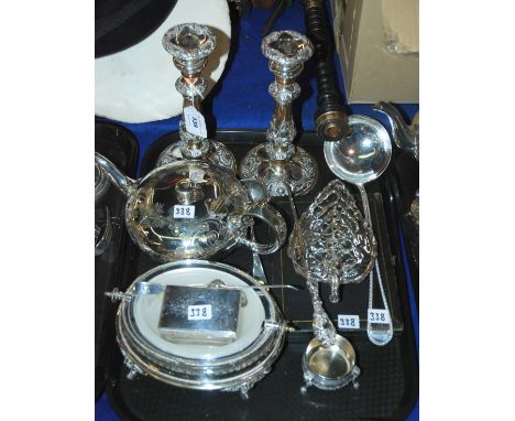 A tray lot of EP - candlesticks, teapot, chafing pan, soup ladle etc Condition Report: Available upon request