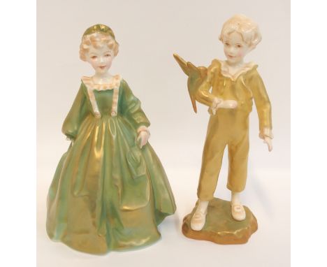 Two Royal Worcester figures Grandmothers Dress and Parakeet Condition Report: Parakeet   - boys head restuck. 