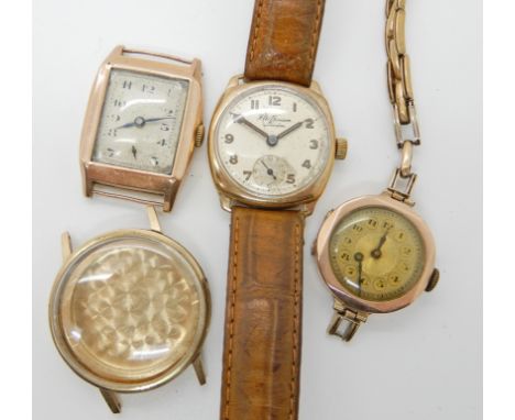 A 9ct gold vintage J.W. Benson gents watch head with brown leather strap, two other 9ct vintage watches and a 9ct empty watch