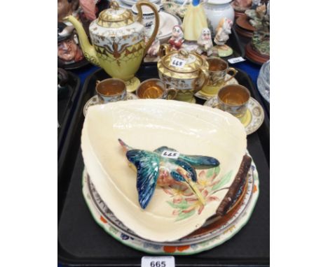 A Beswick kingfisher wall plaque, Japanese part coffee set, assorted pottery plates etc Condition Report: Available upon requ