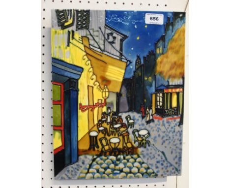 A glazed wall tile depicting an outdoor cafe, 35cm high Condition Report: nice condition. 