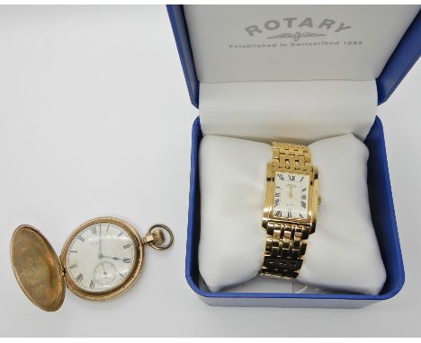 A gold plated Elgin pocket watch together with a boxed gold plated Rotary Elite watch Condition Report: Available upon reques