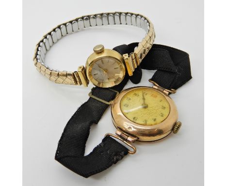 An 18ct gold ladies Tissot watch head with gold plated strap and a 9ct gold ladies vintage watch with silk ribbon strap, weig