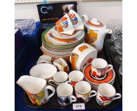 A collection of Wedgwood Clarice Cliff pattern porcelain including six cafe Chic coffee cups and saucers, Crocus pattern tea 