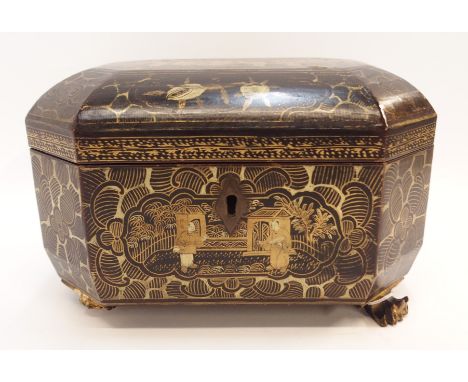 A Chinese export lacquer tea caddy, with pewter two section interior, 11cm high, 19cm wide (def) Condition Report: wear to gi