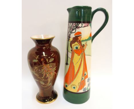 A Bisto pottery tall slender jug, decorated with a female figure, (hairline and crazing), 30.5cm high, and a Crown Devon vase