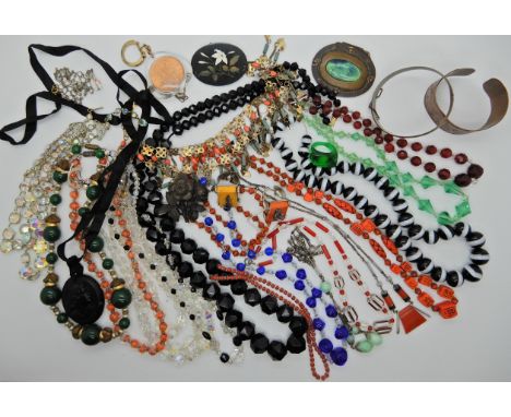 A collection of vintage costume jewellery to include Max Neiger beads, black and white banded agate beads, two Jean Painleve 