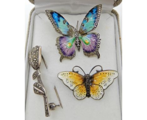 A silver yellow enamel Norwegian butterfly brooch by Hroar Prydz, another silver enamel and marcasite butterfly brooch and a 