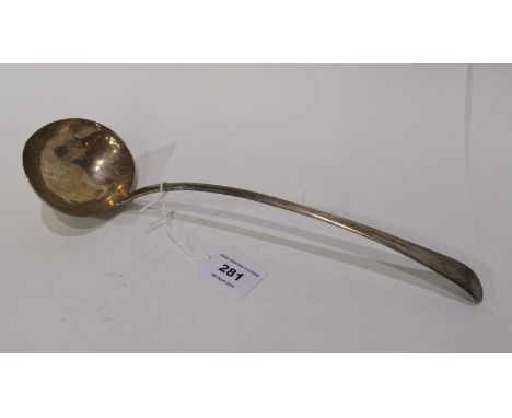 A silver soup ladle, possibly by John Bayley, London 1770, the oval bowl with slender tapering stem, the terminal monogrammed