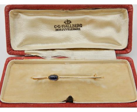 An 18ct gold Swedish sapphire set brooch, from C.G. Hallberg renowned Swedish jeweller pre-1961 Stockholm, in original box, l