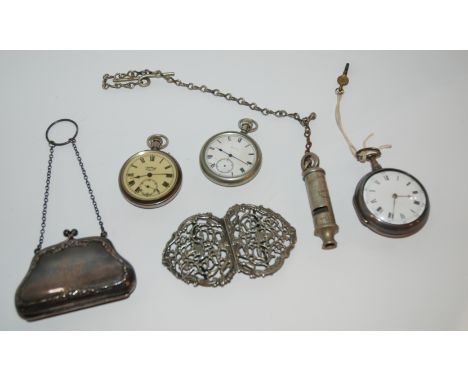 A silver coin purse, silver cased pocket watch, two other white-metal pocket watches and white-metal belt buckle Condition Re