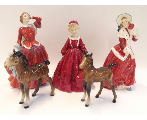 Two Royal Doulton figure Christmas Morn and Blithe Morning, a Royal Worcester figure Grandmothers Dress and two Beswick foals