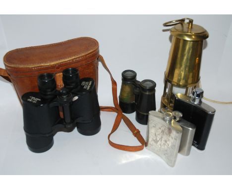 A pair of binoculars, electric Davy lamp, hip flasks etc Condition Report: Available upon request