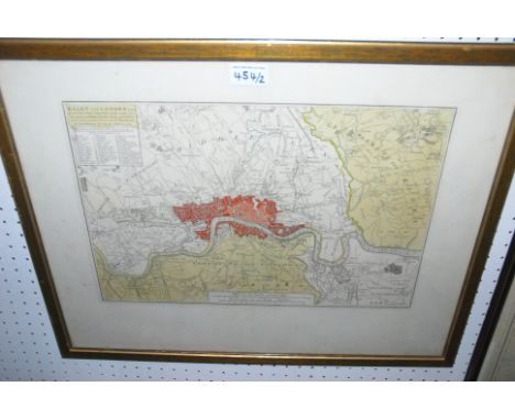 An early map of London after John Rocque, from Highgate to Lee Green, and from East Ham to Hammersmith, title and key panel u