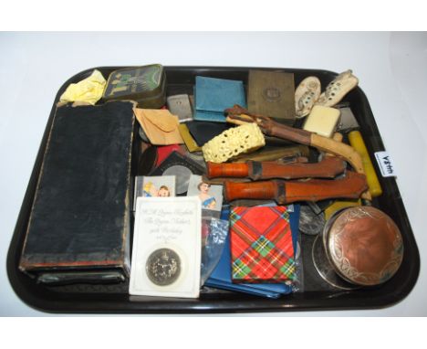 A tray lot including coins, hunting knives, box camera etc Condition Report: Available upon request