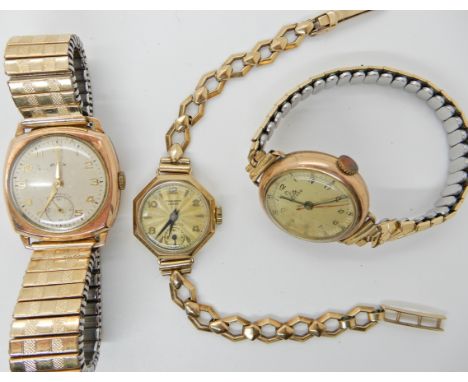 A 9ct gold Craddock lever ladies wristwatch, weight approx 17.2gms and two 9ct gold cased watch heads with gold plated straps