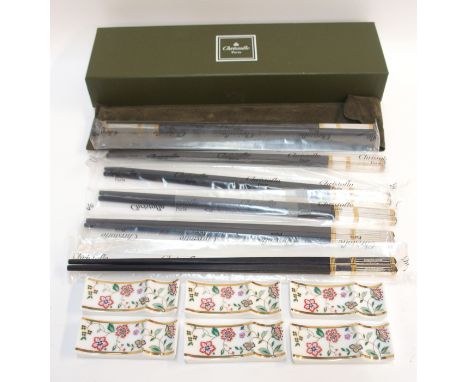A set of six pairs of Christofle chopsticks, 25cm long in original packaging, together with six Japanese porcelain chopstick 