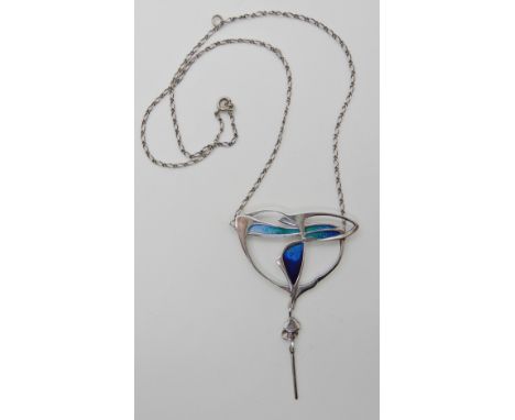 A silver and enamel pendant in the style of Pat Cheney, possibly from her time working with Ortak, length of pendant 7cm Cond