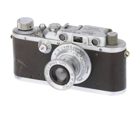 A Leica III 'H.M. Govt.' Rangefinder Camera,1938, chrome, serial no. 268494, with Leitz Elmar f/3.5 50mm lens, 1937, chrome, 