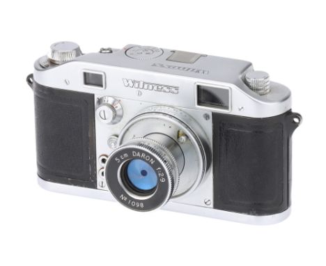 An Ilford Witness Rangefinder Camera,1952, chrome, serial no. 5065, with Dallmeyer Daron f/2.9 50mm lens, chrome, serial no. 