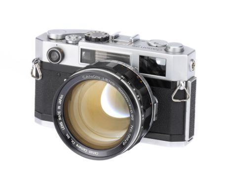 A Canon 7s Rangefinder Camera,1965-67, chrome, serial no. 110714, with Canon f/0.95 50mm lens, black, serial no. 19829, body,