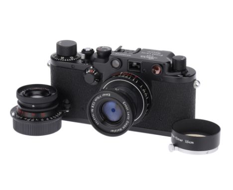 A Leica IIIc Sharkskin Rangefinder Camera Outfit,1948/49, satin black enamel repaint, serial no. 460080, with Leitz Elmar f/2