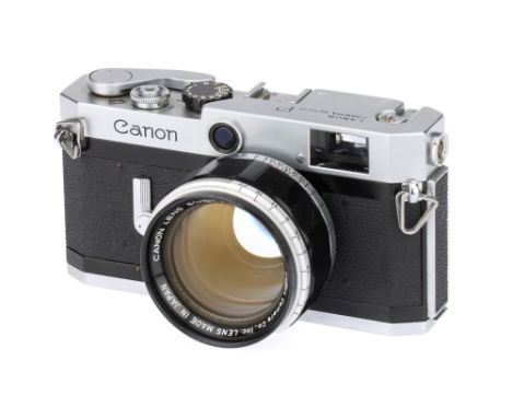 A Canon P Rangefinder Camera,1958-60, chrome, serial no. 766701, with Canon f/1.2 50mm lens, serial no. 36111, body, G, shutt