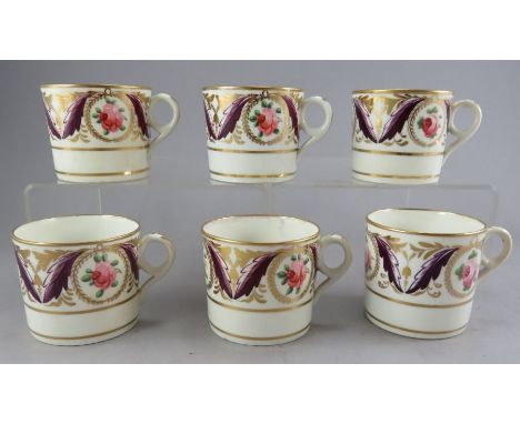 A group of early nineteenth century hand-painted porcelain Minton coffee cans in the 791 pattern. Each is decorated with puce