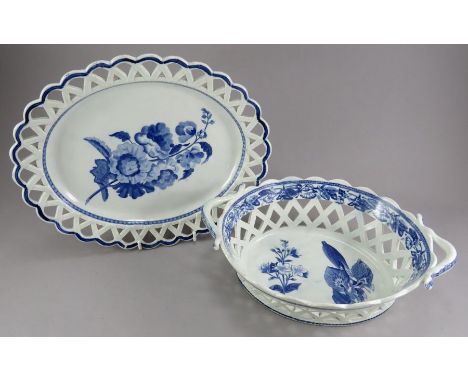 An early nineteenth century blue and white transfer-printed Minton Botanical series chestnut basket and stand, c. 1825. Each 