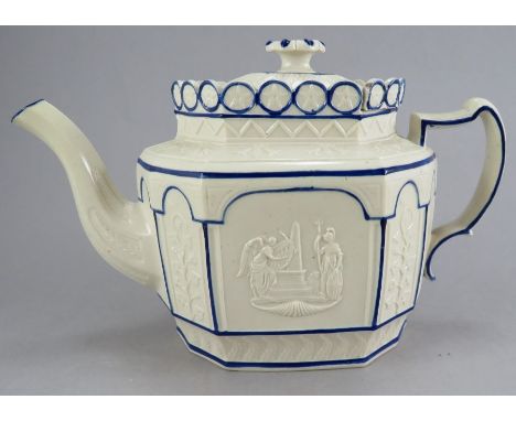 An early nineteenth century feldspathic Castleford-type moulded teapot with sliding lid, c. 1805-10. It has a panel for Trafa