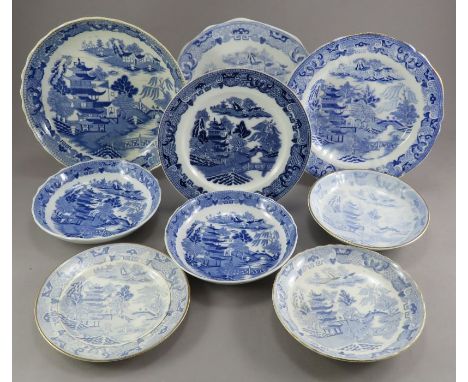 A group of blue and white transfer-printed Broseley pattern tea ware pieces and plates, c, 1820-30. One marked Granger Worces