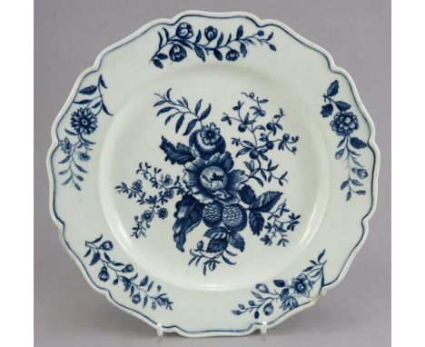An eighteenth century blue and white transfer-printed porcelain Worcester Pinecone pattern plate, c. 1770-80. 24 cm wide.Cond