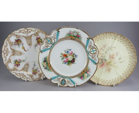 A group of three nineteenth century hand-painted porcelain plates. To include: a Worcester plate with floral bouquets and gil