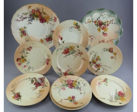 A group of early twentieth century Royal Worcester blush ivory plates, c. 1910-30. All painted with flowers and with factory 