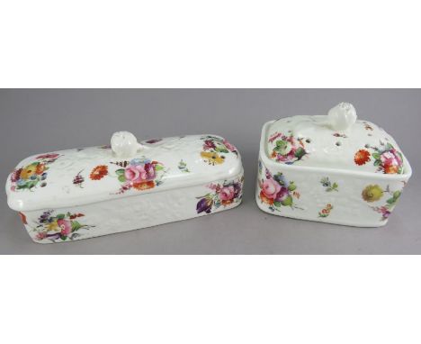 A nineteenth century flower embossed moulded porcelain razor box and cover and soap box and cover, c. 1830-40. Each piece is 