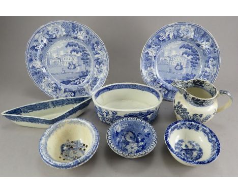 A group of early nineteenth century blue and white transfer-printed wares, c. 1800-20. To include: tow Passion Flower border 